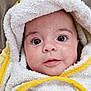 Alba participe au concours pour gagner de l'argent avec cette photo : baby, infant, face, eyes, towel, hooded_towel, white, yellow, skin, closeup, portrait, cute, child, newborn, soft_texture, expression, wrapped, indoors, head, person