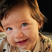 Nora participe au concours pour gagner de l'argent avec cette photo : baby, child, face, smile, blue_eyes, hair, clothing, floral_pattern, closeup, portrait, skin, toddler, cute, expression, infant, buttoned_shirt, indoor, happy, head, young