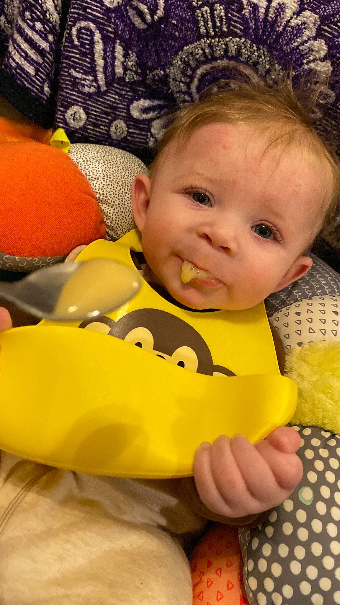 Daxton is registered to the contest to win money with this photo: baby, baby_products, baby_toddler_clothing, cheek, child, comfort, eye, eyelash, face, fun, hairstyle, happy, head, iris, pattern, person, room, sitting, skin, toddler