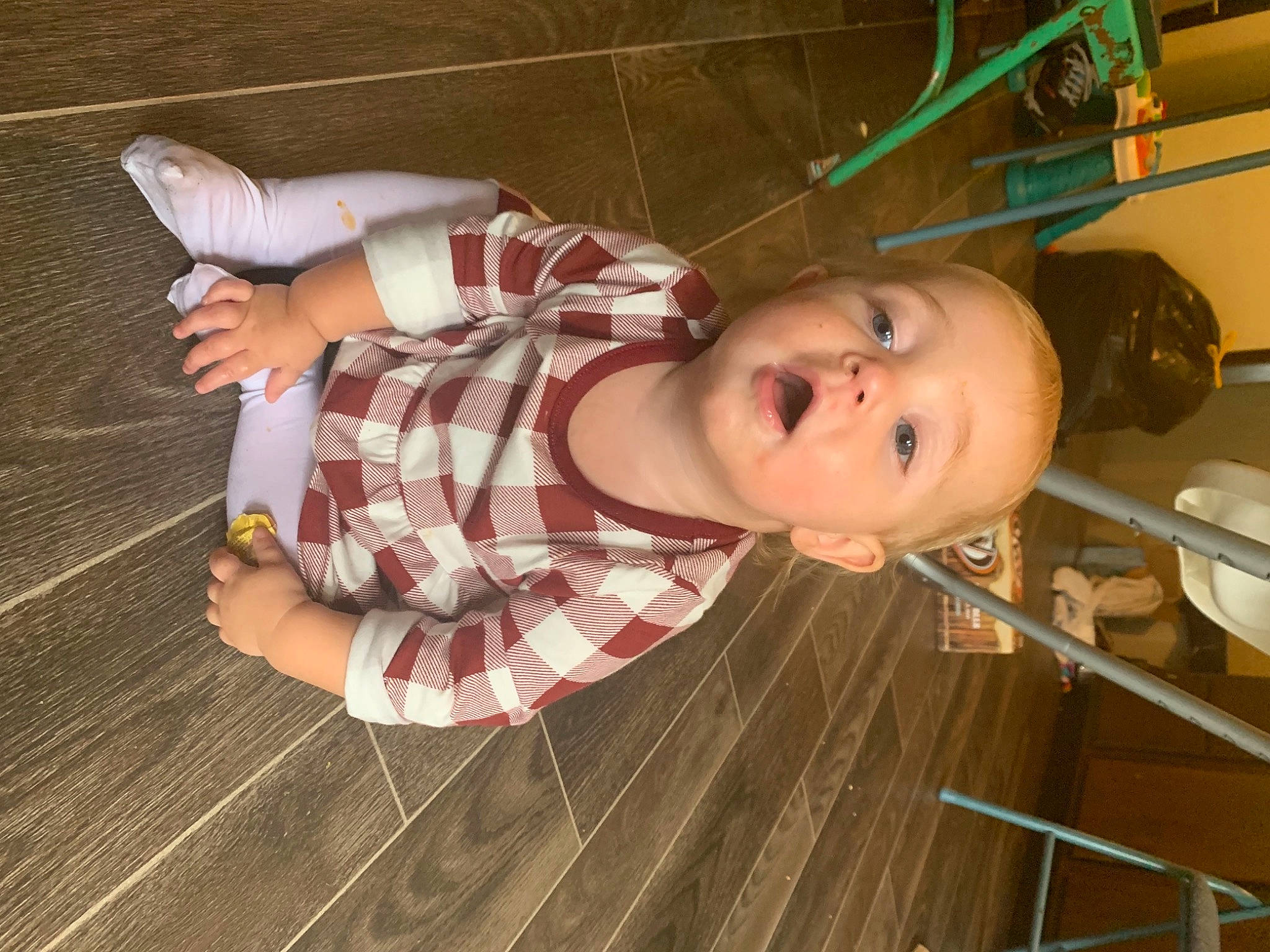 Lillian joined the competition — help win amazing prizes! arm, baby, baby_products, baby_toddler_clothing, child, flooring, fun, hand, hardwood, pattern, person, plaid, room, smile, tartan, toddler, varnish, wood, wood_flooring