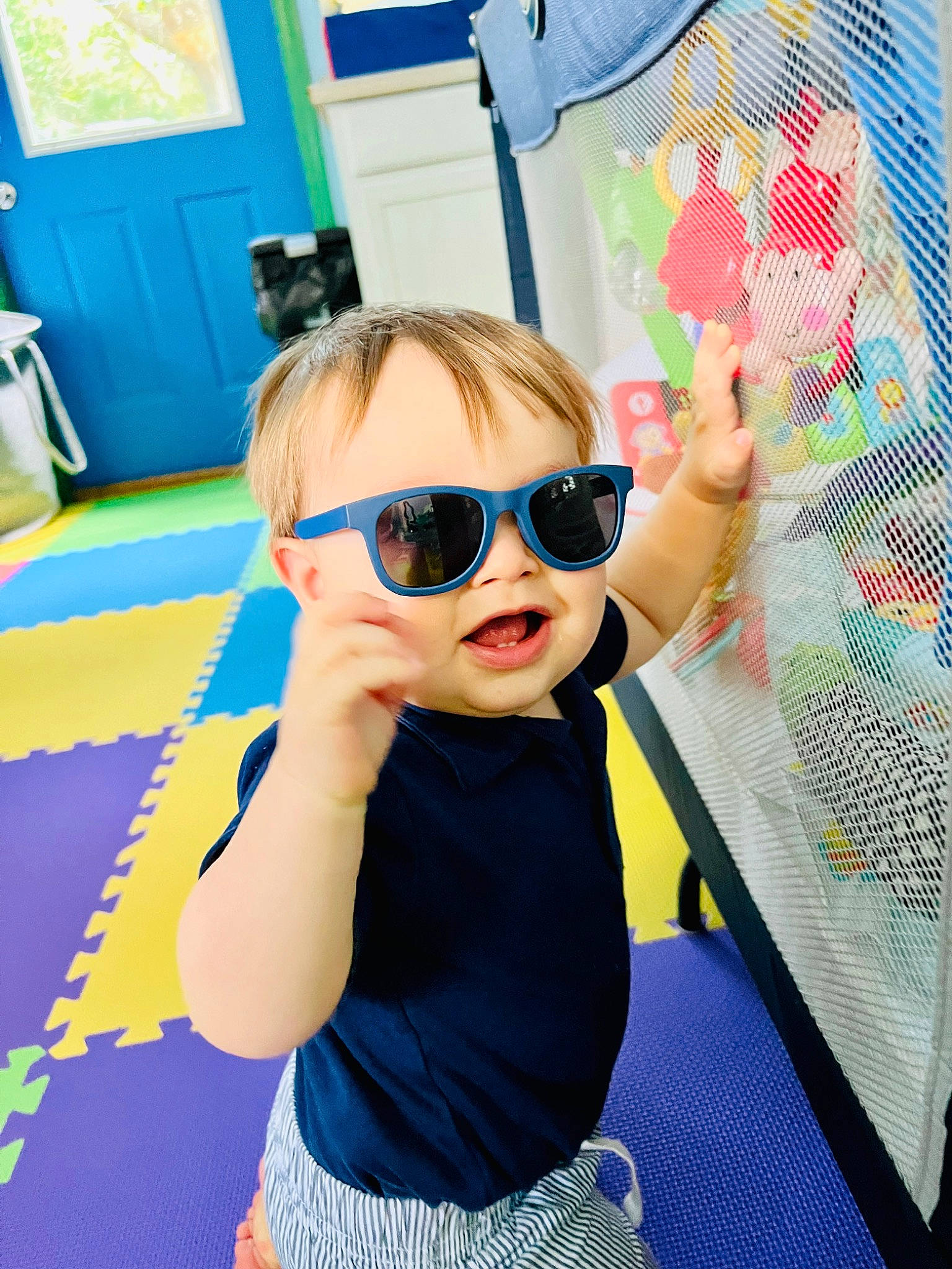 Quinton joined the competition — help win amazing prizes! azure, baby_toddler_clothing, blue, child, cool, eyewear, fashion, finger, fun, glasses, goggles, happy, leisure, person, pink, sleeve, smile, summer, sunglasses, toddler