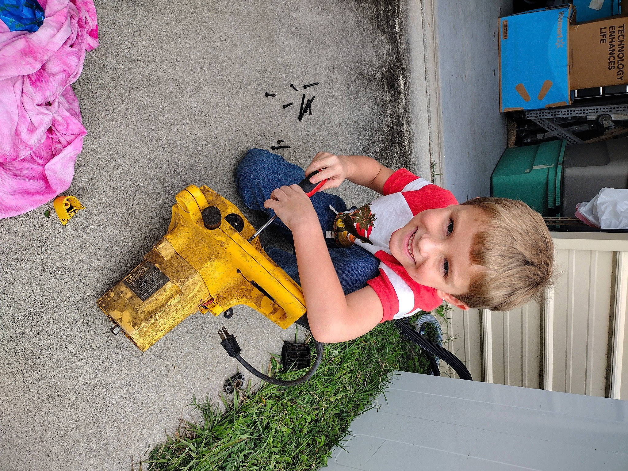 Aaron joined the competition — help win amazing prizes! child, fun, grass, house, joy, leisure, people_in_nature, person, plant, plastic, play, recreation, smile, t_shirt, toddler, toy, toy_vehicle, vacation, visual_arts, wood