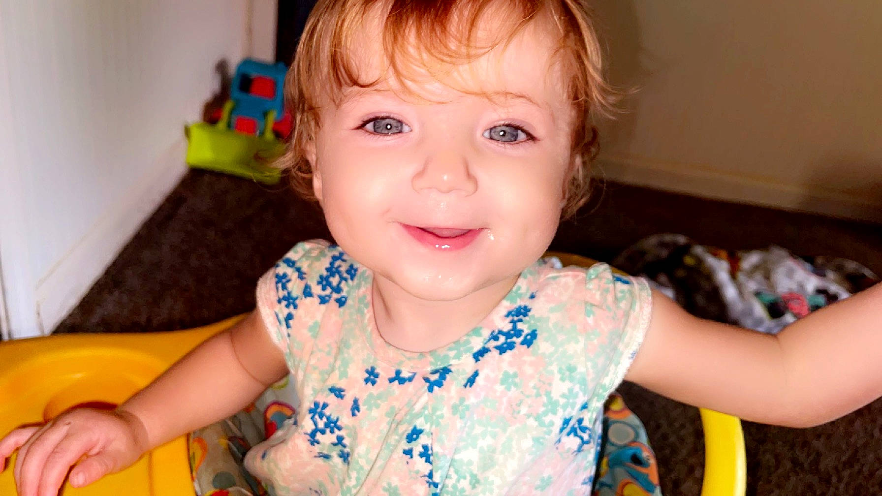Mckinley is registered to the contest to win money with this photo: arm, baby_toddler_clothing, cheek, chin, ear, eye, eyebrow, face, hair, hairstyle, happy, head, iris, joy, mouth, nose, organ, person, skin, smile