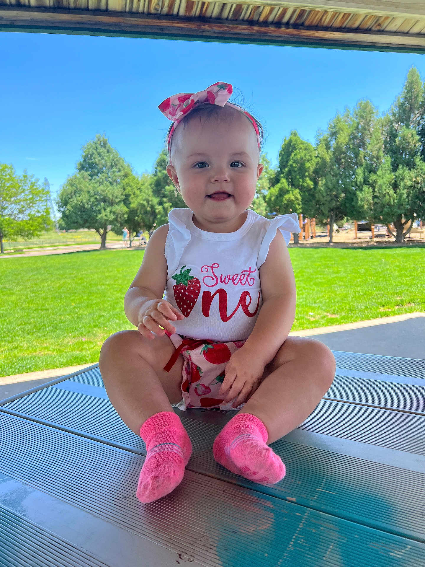 Evelynn is registered to the contest to win money with this photo: baby, child, girl, smiling, outdoor, park, grass, trees, picnic_table, headband, clothing, socks, sunny, daylight, face, cute, happy, nature, summer, sitting