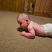 Jameson joined the competition — help win amazing prizes! baby, diaper, carpet, floor, wood_paneling, room, infant, side_view, curious, indoors, child, skin, head, face, arm, person, crawling, young, casual, home