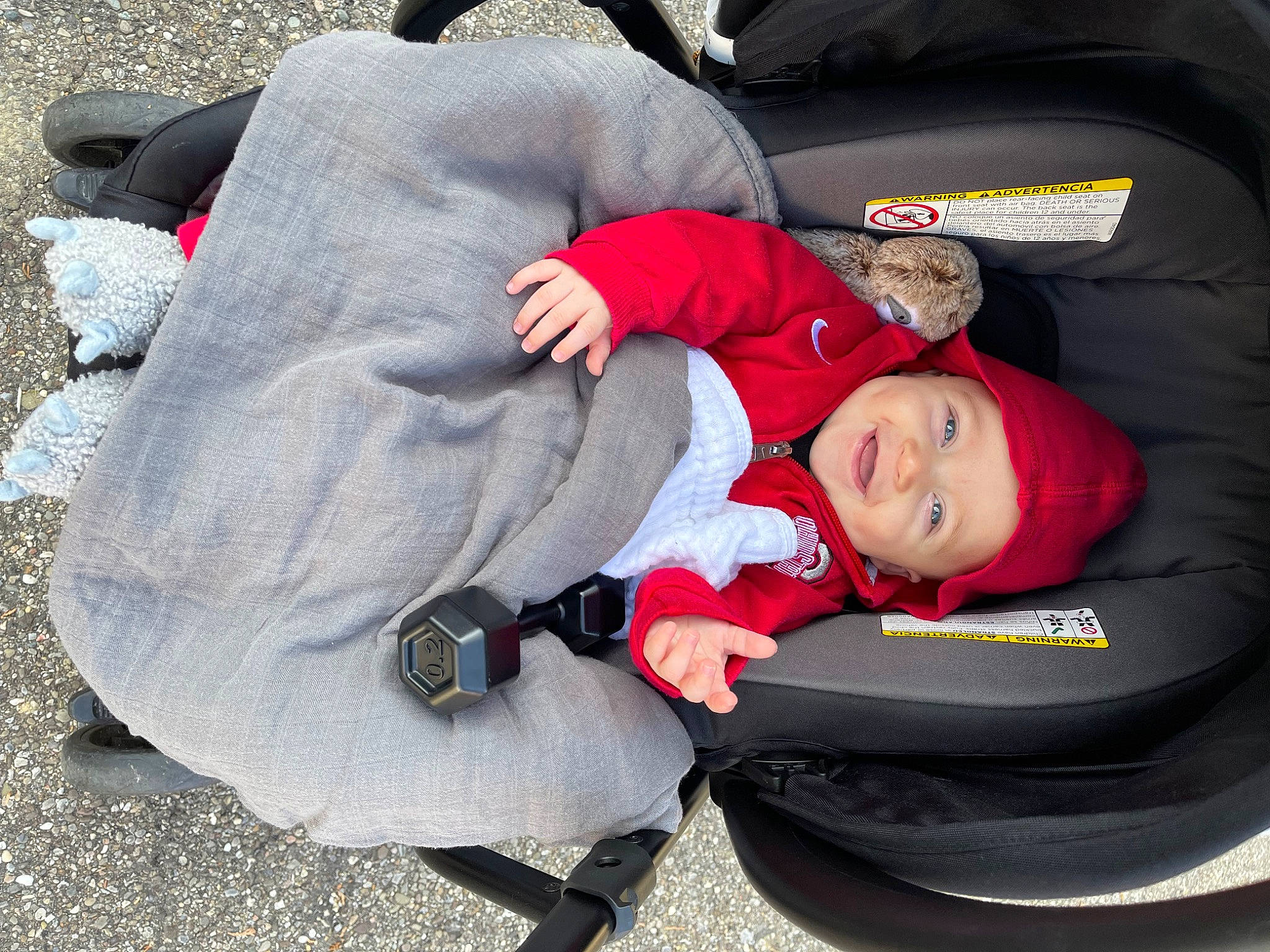 Kash is registered to the contest to win money with this photo: baby, baby_carriage, baby_products, baby_toddler_clothing, car_seat, carmine, child, comfort, fun, headwear, lap, nap, person, polar_fleece, sitting, sleep, smile, toddler, tree, winter