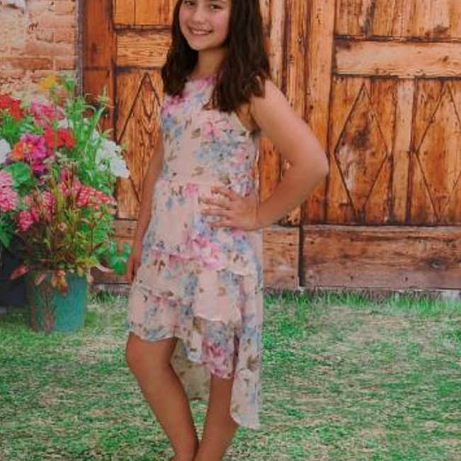 Kayla joined the competition — help win amazing prizes! clothing, dress, fawn, joy, lady, leg, long_hair, pattern, peach, person, photo_shoot, pink, shoe, shoulder, summer, thigh