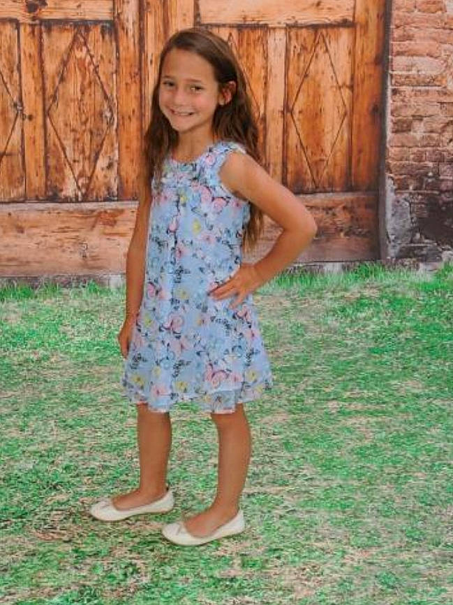 Audrina joined the competition — help win amazing prizes! barefoot, child, child_model, clothing, dress, grass, joy, pattern, person, shoe, summer