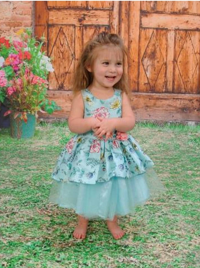 Kensi joined the competition — help win amazing prizes! baby, baby_toddler_clothing, child, child_model, clothing, dress, joy, pattern, person, ruffle, smile, toddler, turquoise