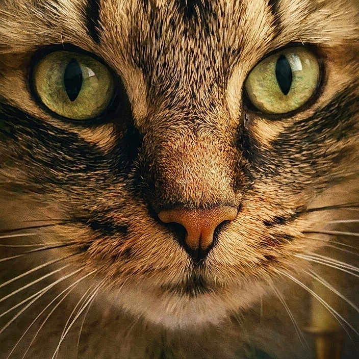 Moon a rejoint le concours — aidez-le/la à gagner de superbes lots ! cat, close_up, face, green_eyes, whiskers, portrait, feline, animal, fur, dramatic_lighting, vintage_style, text_overlay, candlestick, brown, muzzle, nose, tabby, indoor, focused, intense_gaze