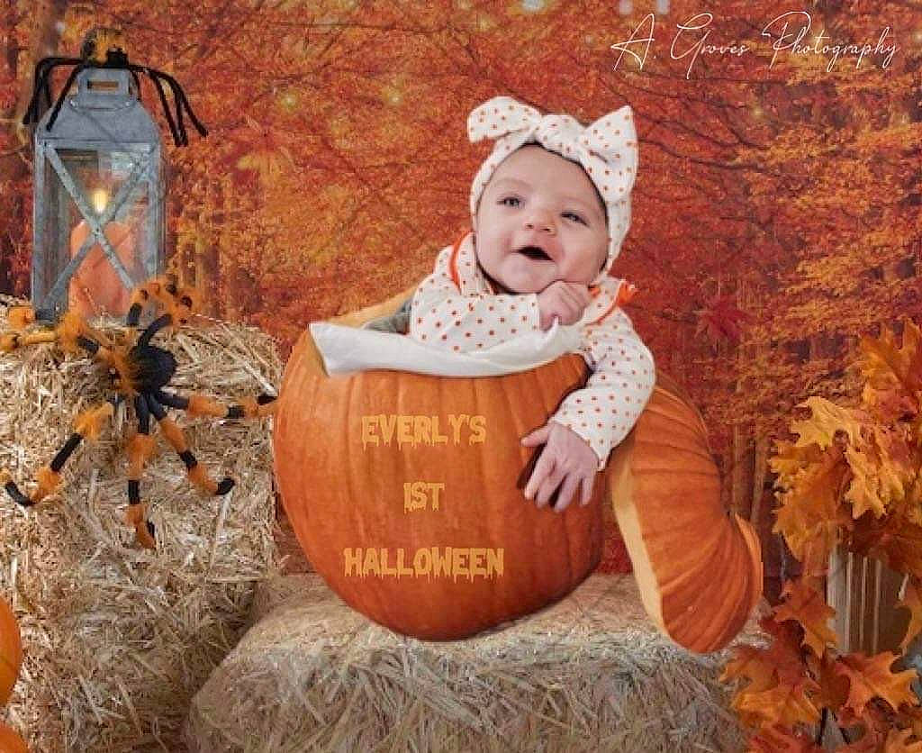 Everly Mae joined the competition — help win amazing prizes! baby, baby_toddler_clothing, calabaza, child, cucurbita, event, fruit, gourd, grass, happy, headwear, natural_foods, people_in_nature, person, plant, pumpkin, smile, squash, toddler, tree