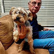 Poupi participe au concours pour gagner de l'argent avec cette photo : man, dog, pet, glasses, couch, indoor, brown_couch, window_blinds, casual_clothing, blue_jeans, white_hair, small_dog, seated, hand_holding, portrait, furniture, living_room, expression, human, animal