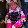 baby, infant, child, car_seat, safety_harness, bow, pink_clothing, sleeper, vehicle_interior, portrait, face, rosy_cheeks, seated, secured, bright_colors, automotive, headrest, safety_label, indoor, close_up