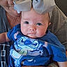 baby, child, infant, portrait, close_up, blue_outfit, bow, cartoon_shirt, sitting, held, adult, face, eyes, looking_at_camera, indoors, family, smiling, photography, clothing, safe