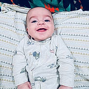 Colson joined the competition — help win amazing prizes! baby, smiling, onesie, infant, blanket, patterned_blanket, happy, cute, face, child, lying_down, hand, clothing, indoor, portrait, blue_eyes, young_child, baby_garment, infant_clothing, colorful_background