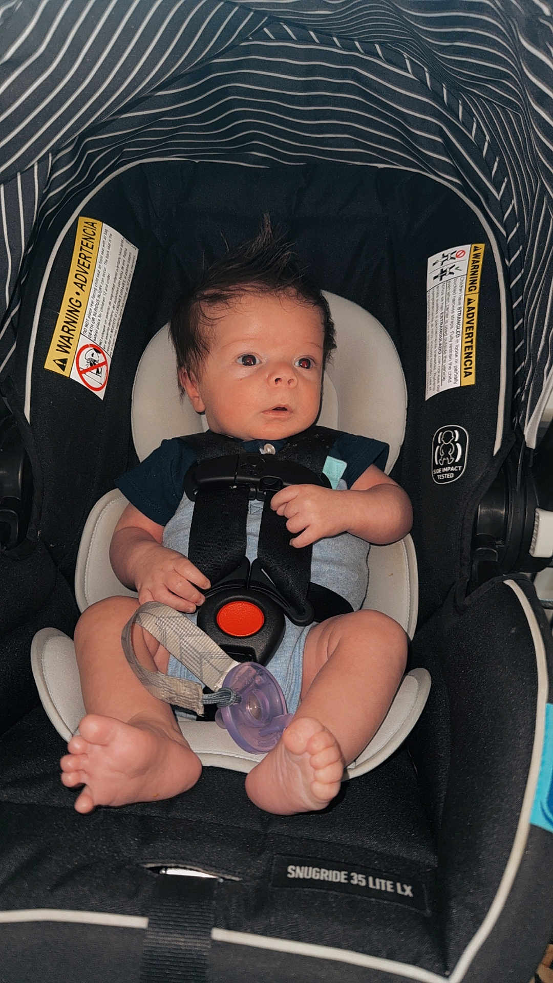 Riot joined the competition — help win amazing prizes! baby, infant, car_seat, child, pacifier, straps, black, white, striped, clothing, feet, hands, face, hair, wide_eyes, seated, indoors, safety, cute, expression