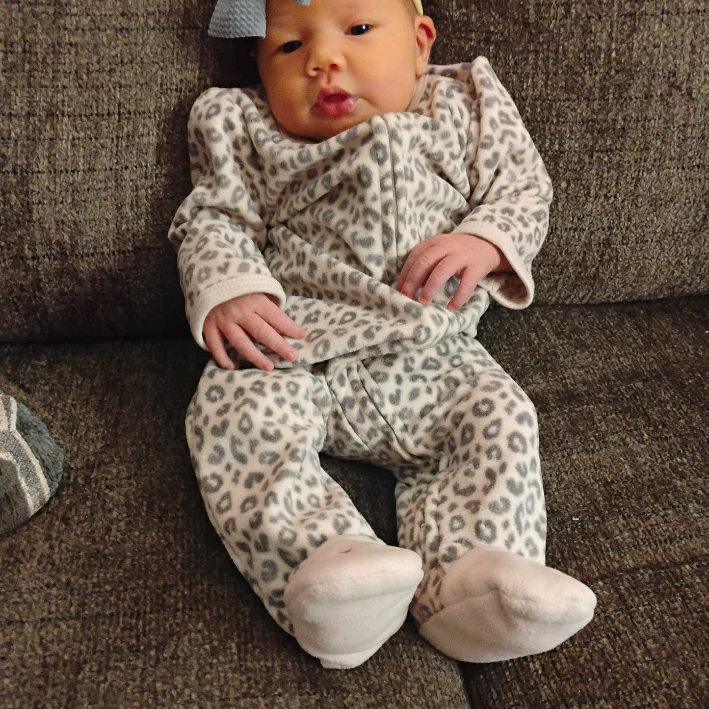 Aneeyah is registered to the contest to win money with this photo: baby, infant, child, pajamas, leopard_print, headband, bow, couch, furniture, cozy, comfortable, hands, face, portrait, indoors, soft, cute, resting, young, person