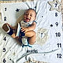 Salux is registered to the contest to win money with this photo: baby, infant, smiling, milestone_blanket, numbers, bear_illustration, clothing, shoes, happy, lying_down, cute, child, young, month_marker, fabric, playful, indoors, soft_texture, celebration, portrait