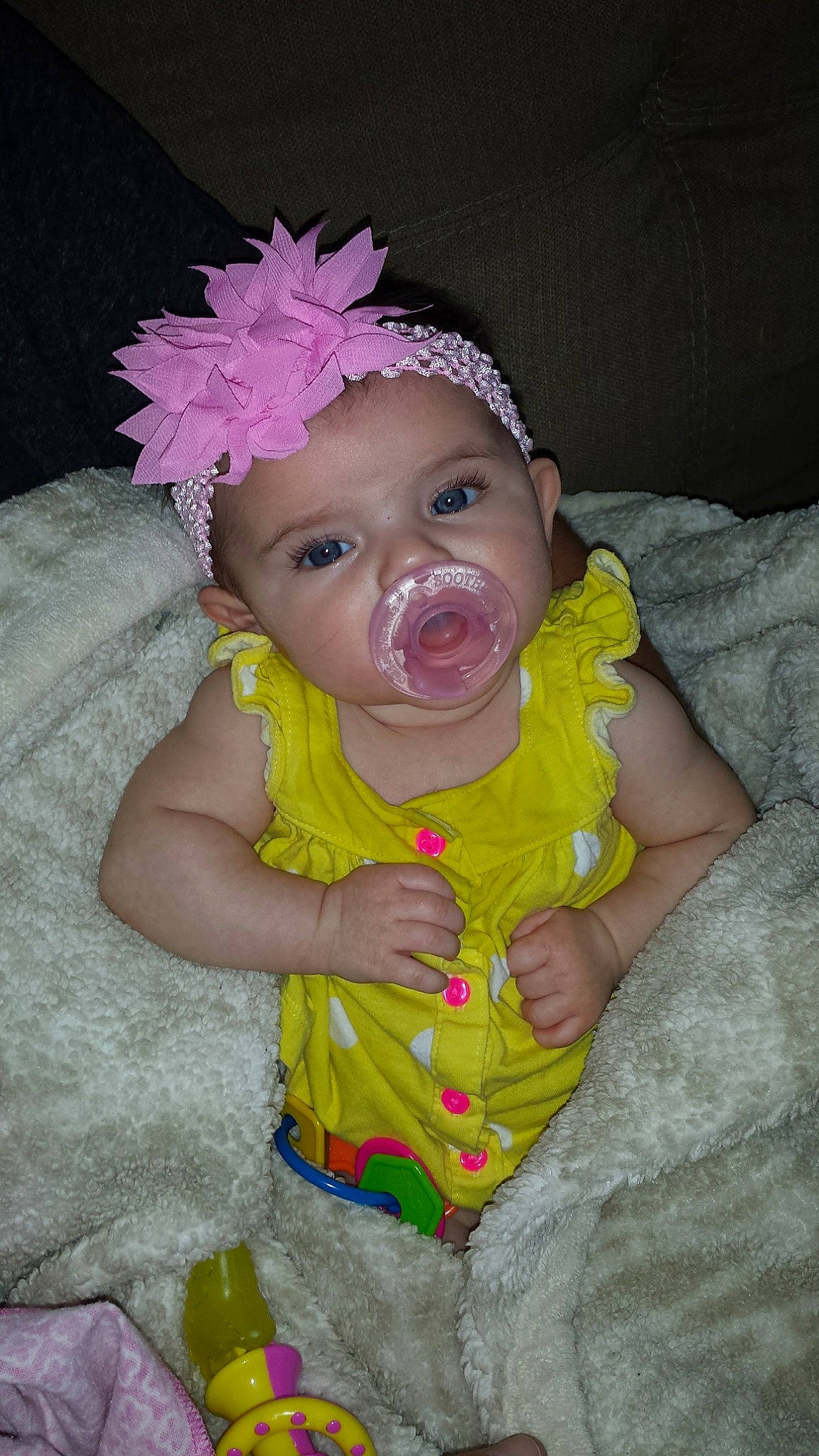 Eliza joined the competition — help win amazing prizes! baby, baby_toddler_clothing, cheek, child, clothing, dress, eye, fun, happy, head, headband, headgear, headpiece, headwear, human_body, iris, person, pink, purple, skin