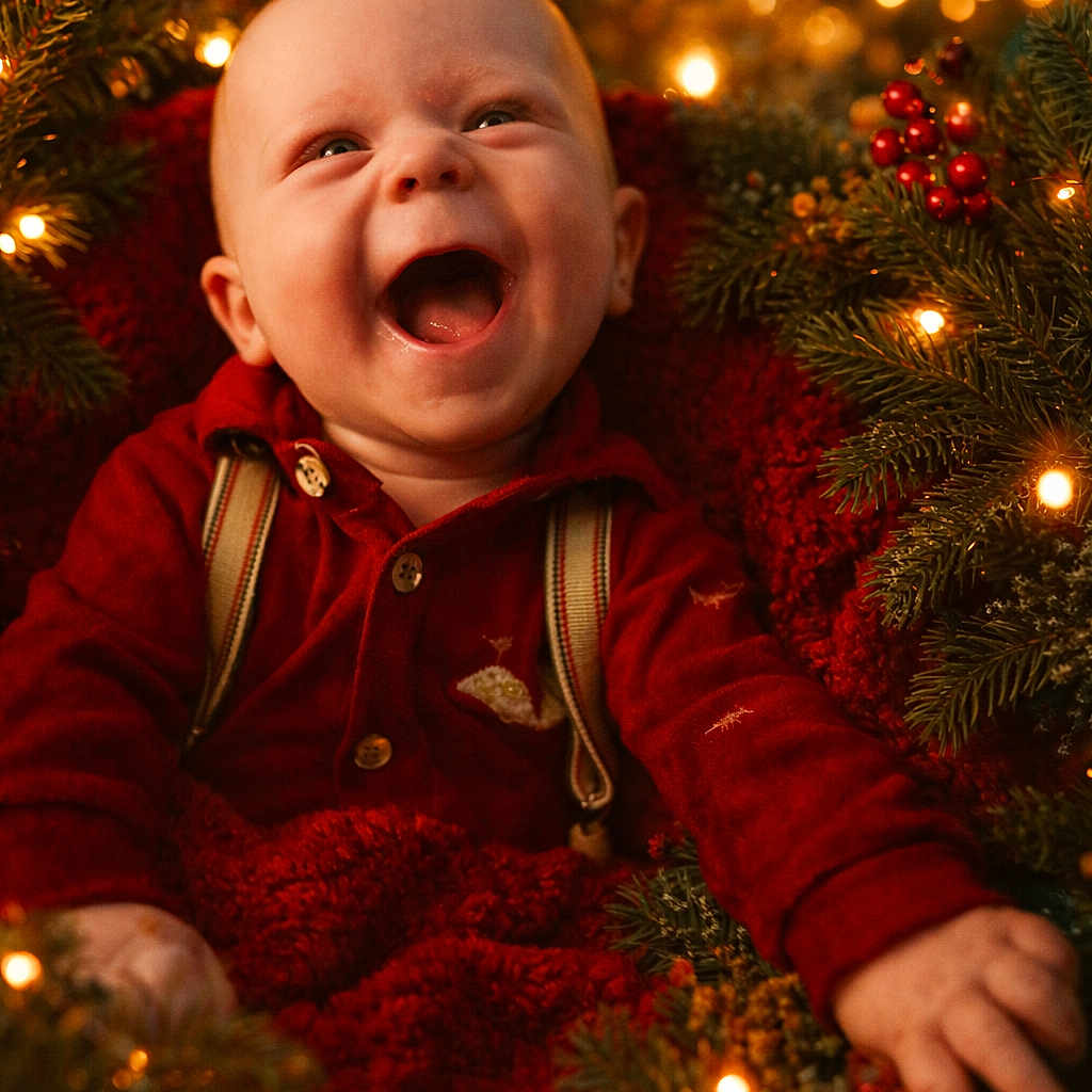 Micah is registered to the contest to win money with this photo: baby, bokeh, celebration, child, christmas, cute, festive, greenery, happy, holiday, infant, joyful, lights, nature, outdoor, portrait, red_clothing, seasonal, smiling, warm_lighting