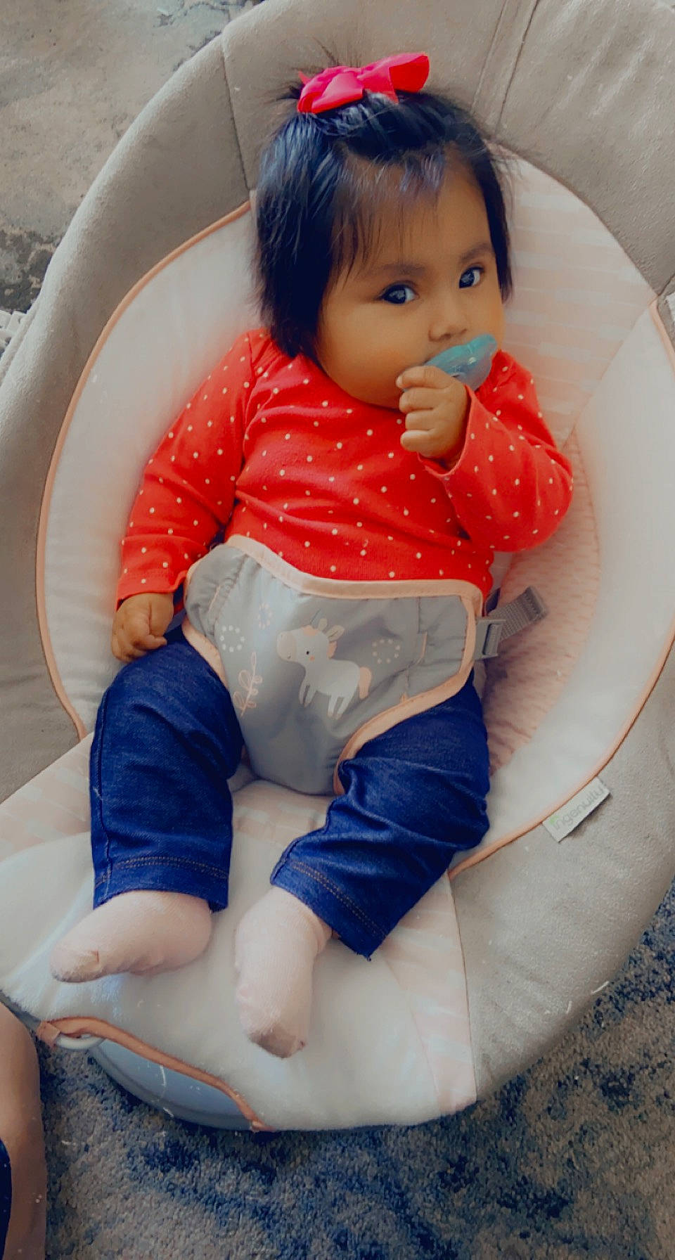 Aaliyah joined the competition — help win amazing prizes! baby_products, baby_toddler_clothing, blue, child, circle, comfort, electric_blue, fun, human_body, human_leg, knee, lap, leg, leisure, person, sitting, sleeve, sock, thigh, toddler