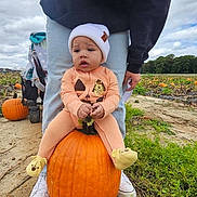 Jackson joined the competition — help win amazing prizes! baby, pumpkin, field, outdoor, child, hat, person, jeans, hoodie, cloudy_sky, plant, grass, fall, autumn, nature, footwear, shoes, cute, sitting, pumpkin_patch