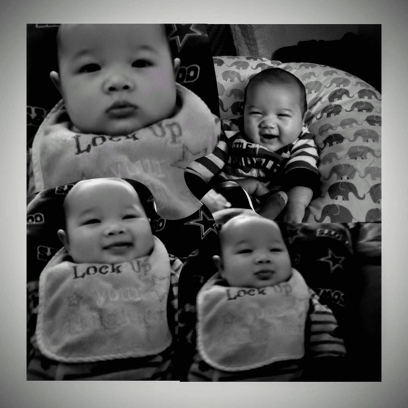 Antonio is registered to the contest to win money with this photo: baby, baby_toddler_clothing, black, black_and_white, cheek, facial_expression, happy, human, interaction, iris, outerwear, person, photograph, product, skin, sleeve, smile, standing, style, toddler