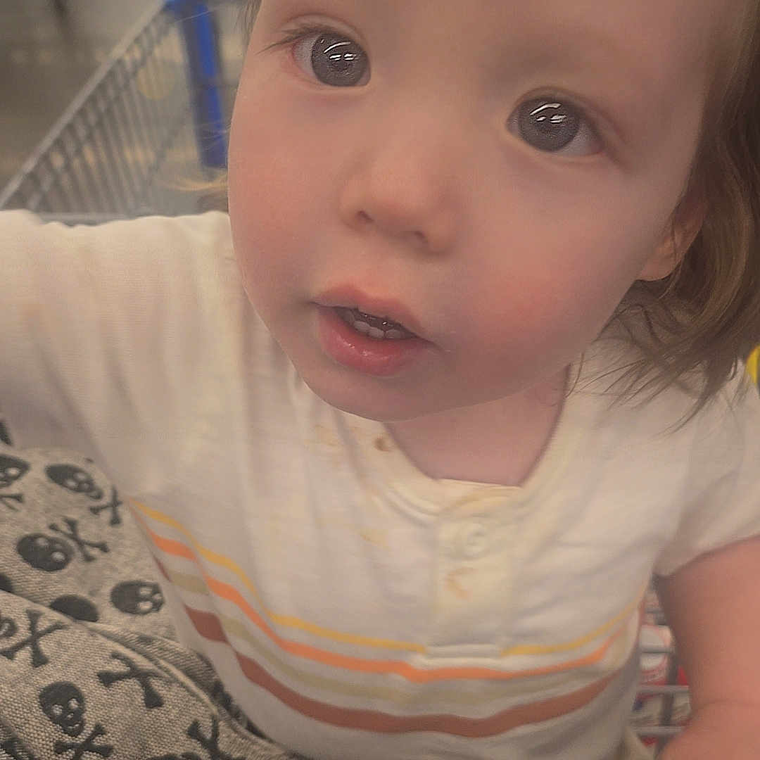 Andrew joined the competition — help win amazing prizes! toddler, child, shopping_cart, blanket, skull_pattern, curious, indoor, face, clothing, white_shirt, pants, hand, portrait, store, aisle, closeup, expression, young_child, baby, retail