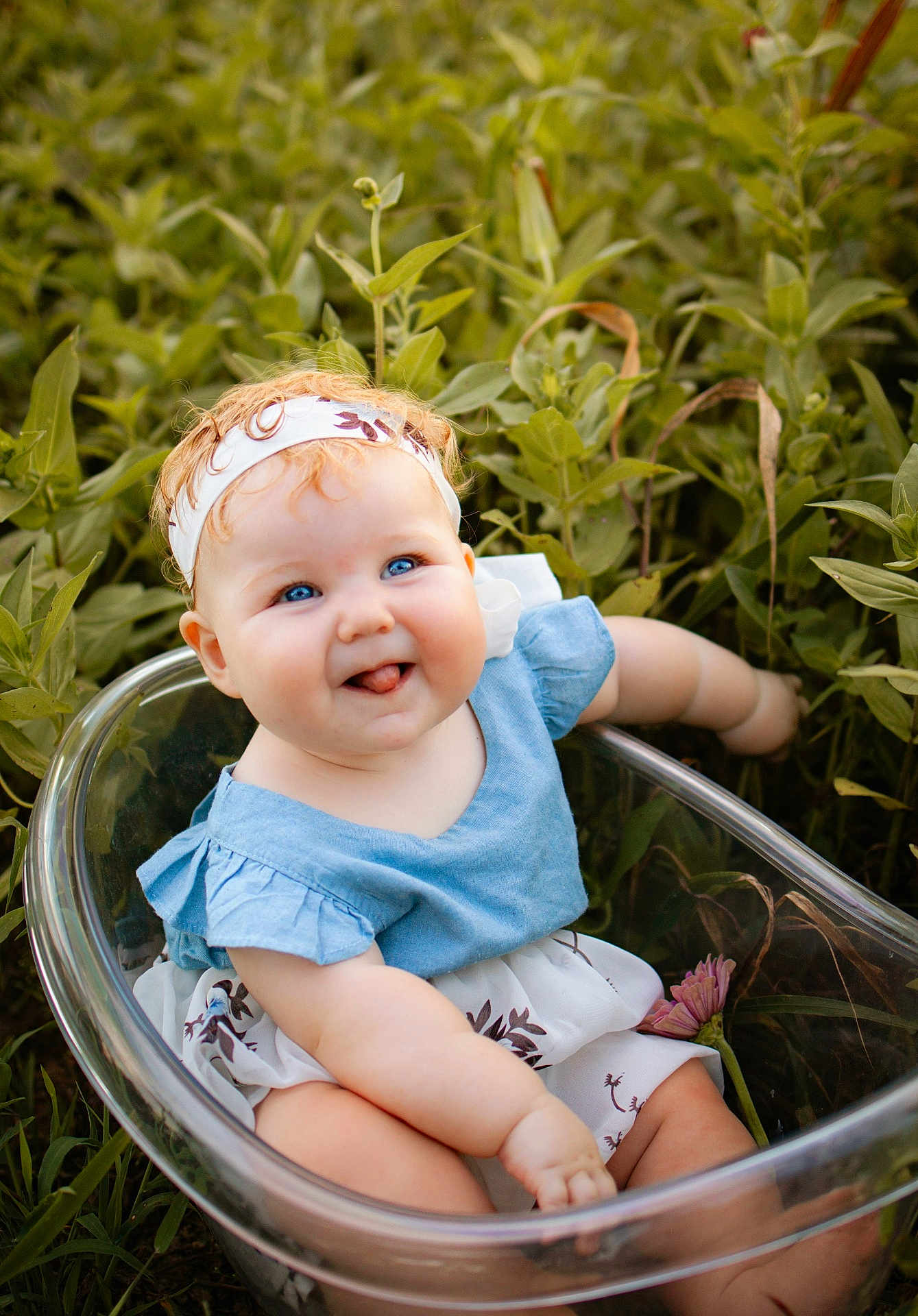 Charlotte joined the competition — help win amazing prizes! baby, child, blue_eyes, headband, dress, outdoor, greenery, plants, transparent_chair, cute, smile, tongue_out, sitting, nature, happy, infant, curly_hair, summer, portrait, playful