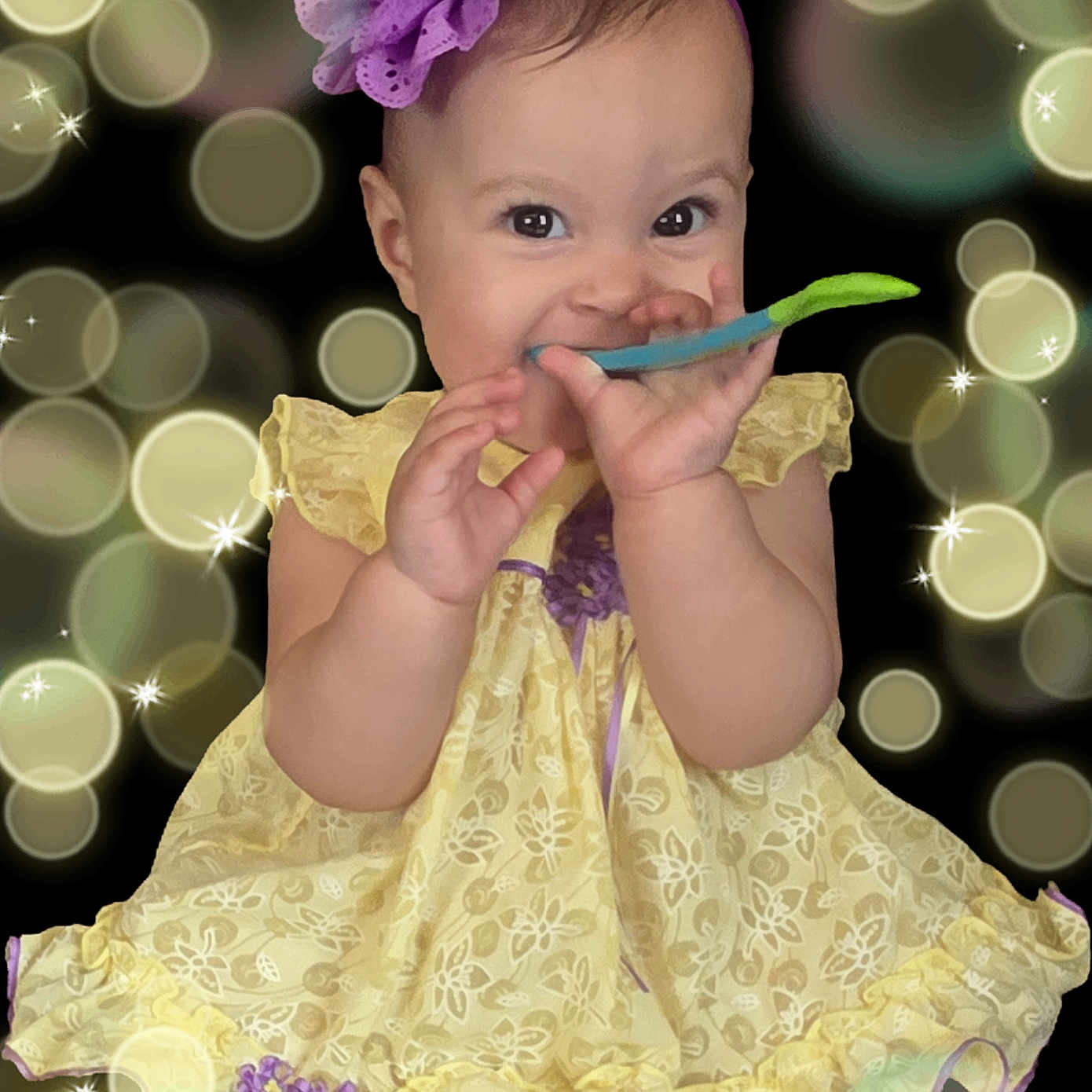 Amari joined the competition — help win amazing prizes! baby, background, bokeh, child, colorful_object, cute, dress, face, feet, glowing, hand, happy, headband, infant, playful, portrait, purple_flower, sitting, smiling, yellow_dress