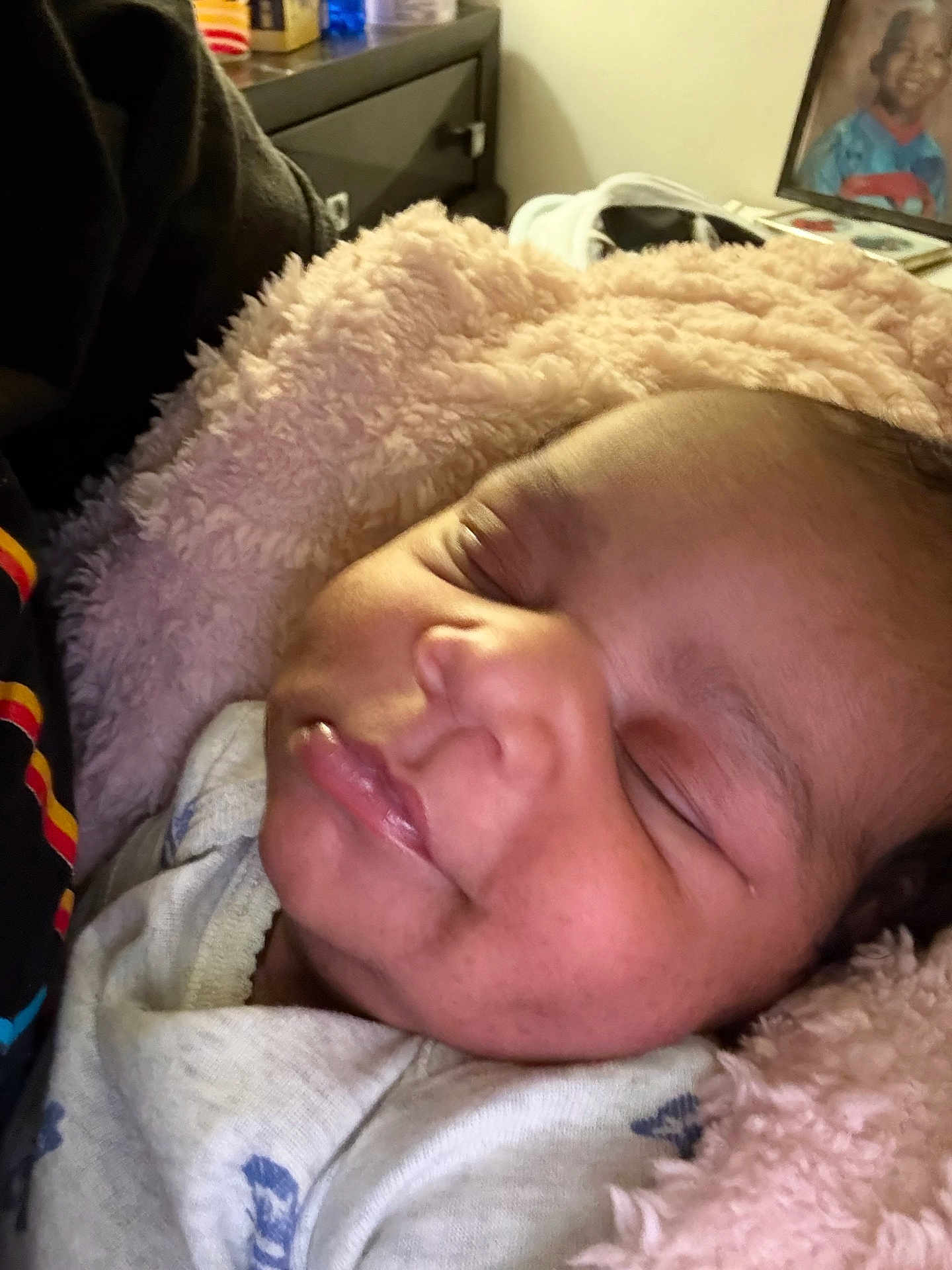 Tariyah is registered to the contest to win money with this photo: baby, sleeping, blanket, infant, face, closeup, soft_texture, cozy, warm, indoor, child, portrait, peaceful, rest, cute, newborn, clothing, comfort, head, person