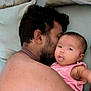 Tiana Talukder a rejoint le concours — aidez-le/la à gagner de superbes lots ! baby, man, cuddling, bed, pillow, shirtless, infant, skin, face, arm, pink_clothing, lying_down, family, love, parent, child, cute, playful, closeup, indoor
