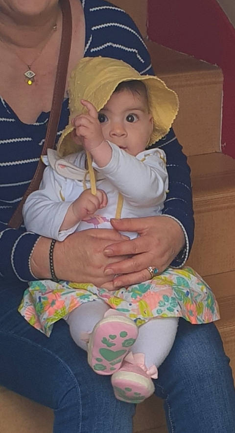 Talya participe au concours pour gagner de l'argent avec cette photo : baby, baby_toddler_clothing, chair, cheek, chest, comfort, eye, finger, foot, fun, happy, human_leg, iris, knee, lap, mouth, person, skin, thigh, toddler