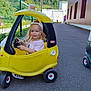 Loé a rejoint le concours — aidez-le/la à gagner de superbes lots ! child, toy_car, yellow, outdoor, play, smiling, cap, blonde_hair, asphalt, fence, building, windows, wheel, daylight, greenery, person, road, casual_clothing, happy, recreation