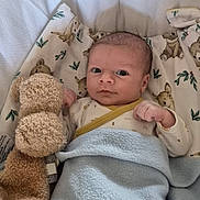 Tyler participe au concours pour gagner de l'argent avec cette photo : baby, infant, blanket, bassinet, stuffed_animal, plush_toy, face, person, sleeping_area, bed, comfort, cute, newborn, clothing, teddy_bear, resting, indoor, soft, child, portrait