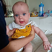 Alexandre a rejoint le concours — aidez-le/la à gagner de superbes lots ! baby, adult, blue_eyes, yellow_clothing, white_clothing, hands, infant, person, indoor, furniture, baby_changing_station, toy, skin, face, expression, holding, room, care_product, smile, curious