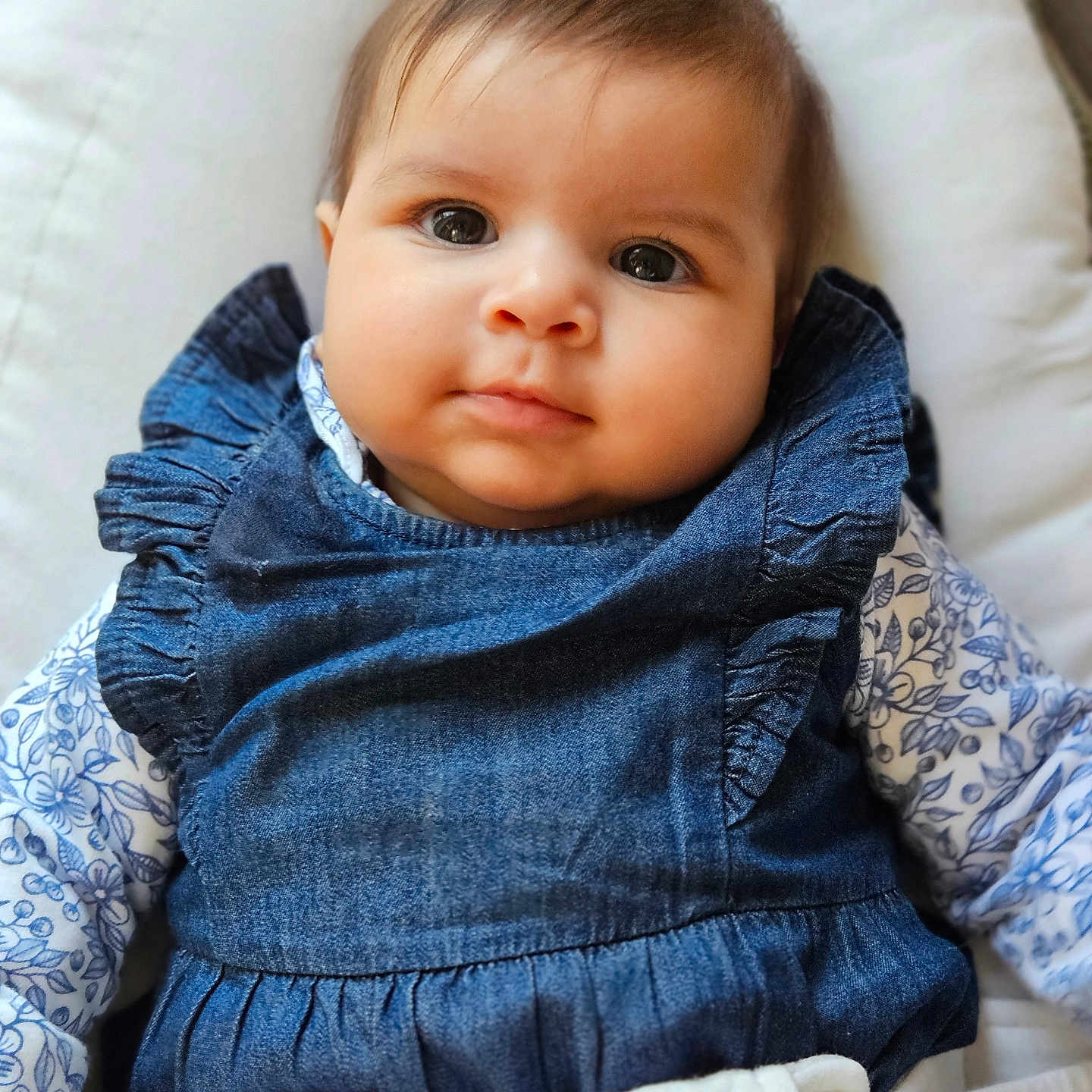 Livia a rejoint le concours — aidez-le/la à gagner de superbes lots ! baby, child, clothing, comfortable, cushion, cute, denim_dress, expression, eyes, face, floral_shirt, head, indoors, infant, person, portrait, sitting, soft_lighting, white, young_child
