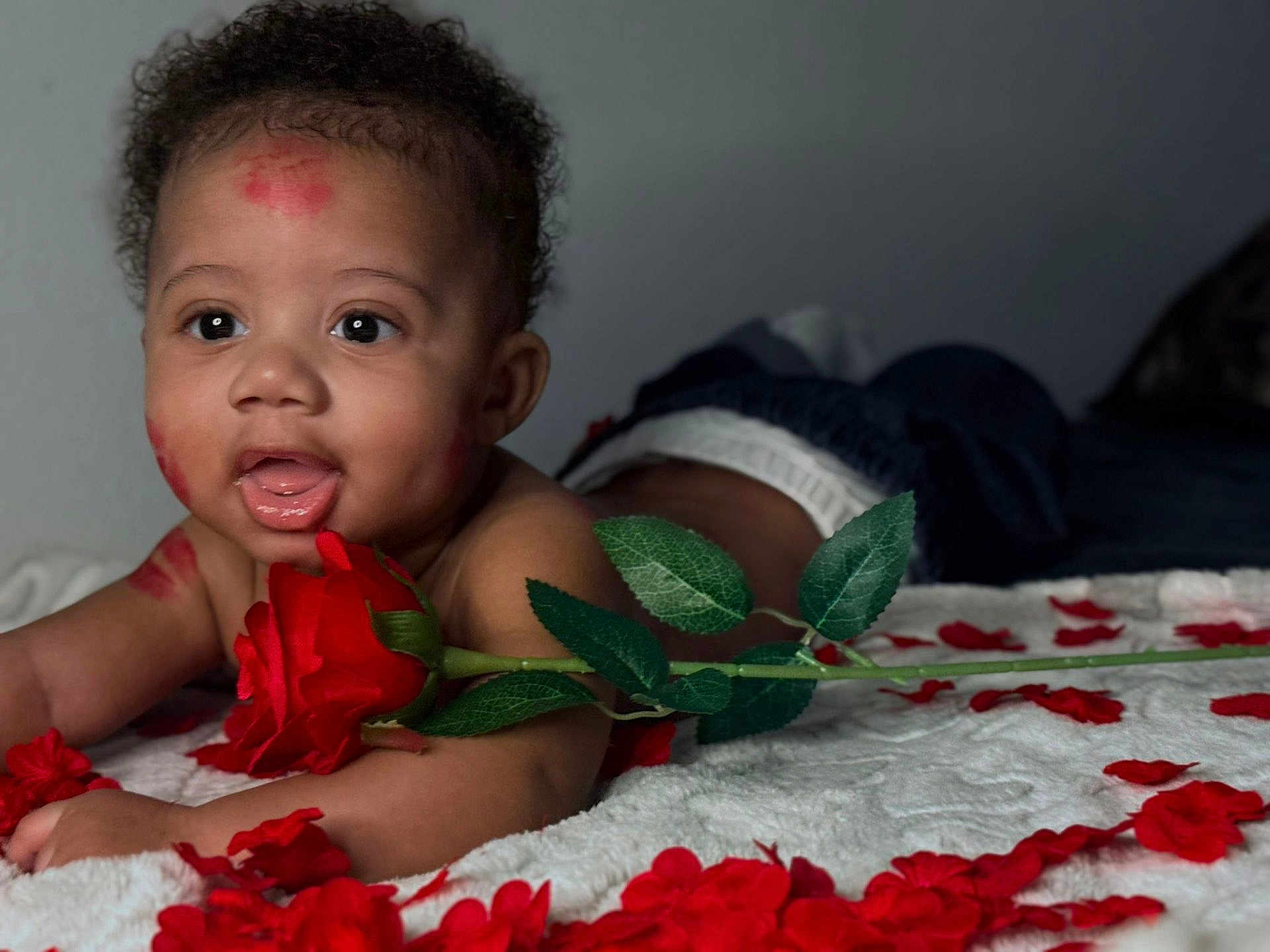 Aileon participe au concours pour gagner de l'argent avec cette photo : baby, infant, child, rose, flower, red_petals, petals, blanket, portrait, close_up, smile, curly_hair, face, eyes, lipstick_marks, kisses, skin, lying_down, soft_texture, indoor