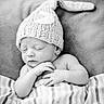 Abel joined the competition — help win amazing prizes! newborn, baby, sleeping, infant, portrait, black_and_white, knitted_hat, bunny_hat, blanket, striped_blanket, cozy, peaceful, indoors, close_up, face, hands, soft_lighting, resting, nursery, photography
