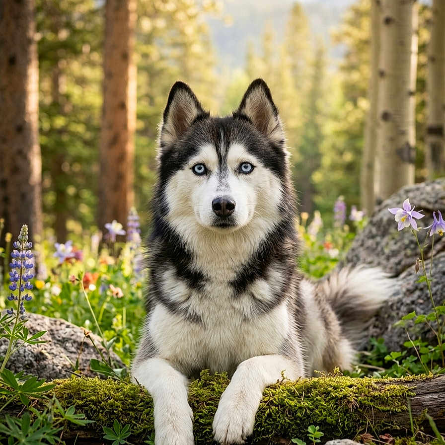 Djhali a rejoint le concours — aidez-le/la à gagner de superbes lots ! animal, blue_eyes, canine, dog, focused_gaze, forest, husky, log, lupine, meadow, moss, natural_light, outdoors, paws, portrait, rock, scenic, thick_fur, trees, wildflowers