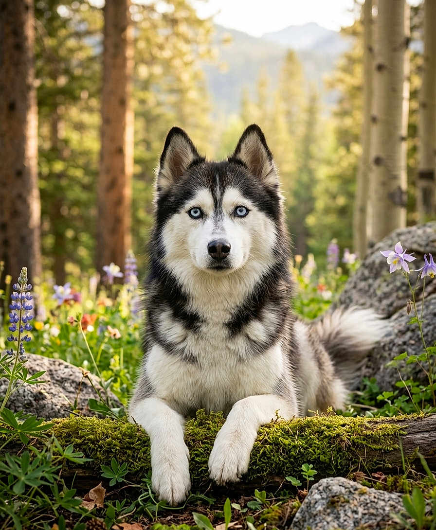 Djhali a rejoint le concours — aidez-le/la à gagner de superbes lots ! husky, dog, animal, blue_eyes, thick_fur, portrait, outdoors, forest, trees, wildflowers, lupine, moss, log, rock, meadow, paws, focused_gaze, natural_light, scenic, canine