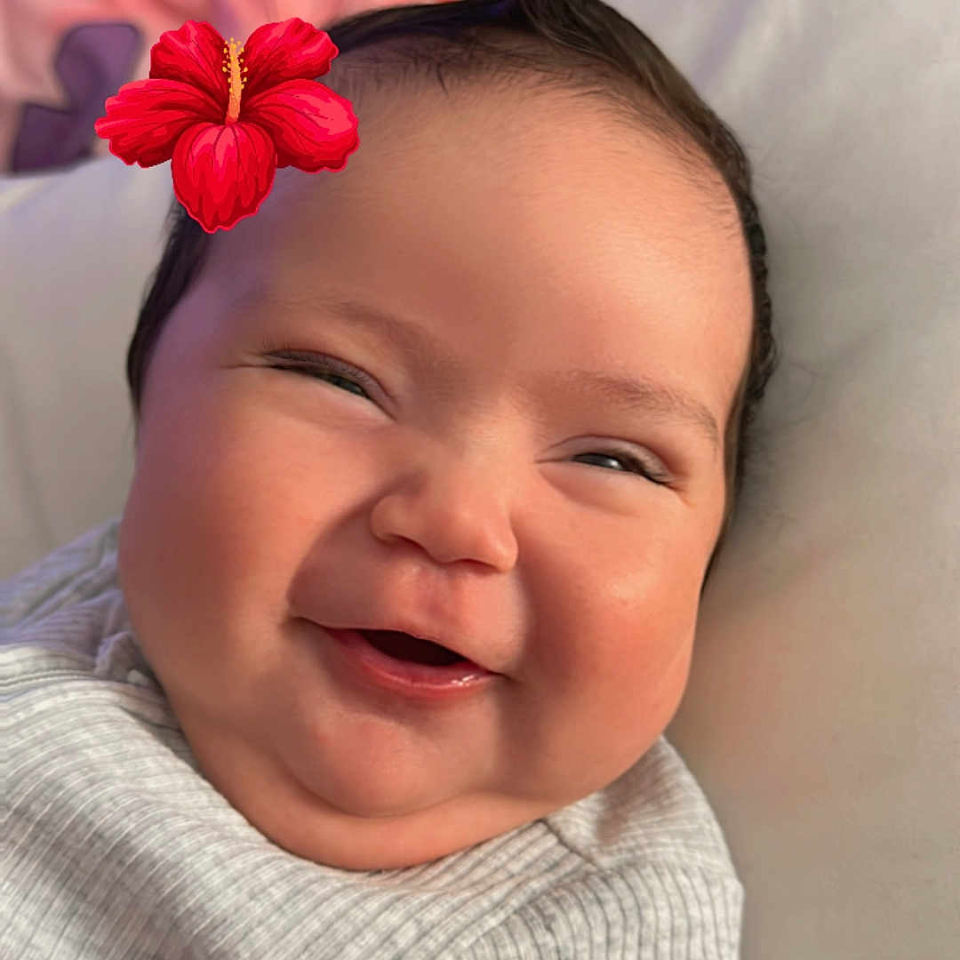 Kalia-Love is registered to the contest to win money with this photo: baby, cheeks, child, closeup, clothing, cozy, cute, cute_outfit, expression, face, flower, hair, happy, head, indoors, infant, portrait, skin, smiling, toddler