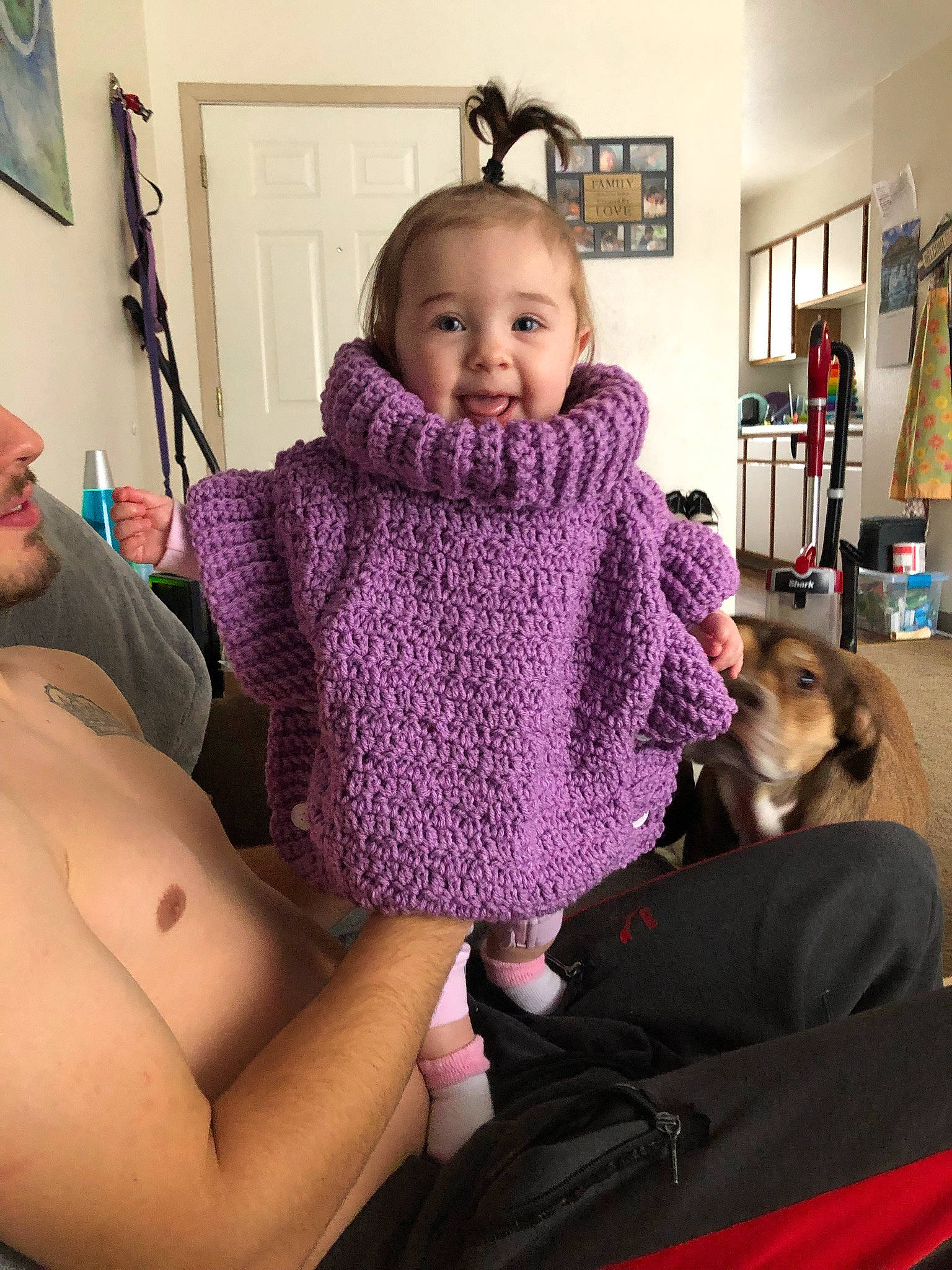 Marlee joined the competition — help win amazing prizes! black_hair, cheek, comfort, fun, hair, hairstyle, human_body, joint, knee, lap, mammal, mouth, neck, person, picture_frame, purple, shoulder, skin, smile, thigh