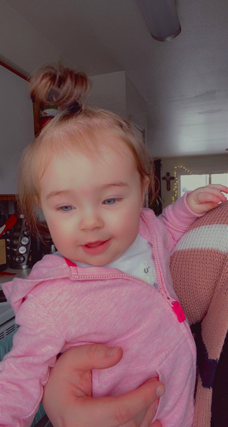 Marlee is registered to the contest to win money with this photo: baby_toddler_clothing, cheek, ear, eye, eyelash, facial_expression, finger, gesture, happy, iris, lip, long_hair, neck, nose, person, pink, skin, sleeve, smile, thumb