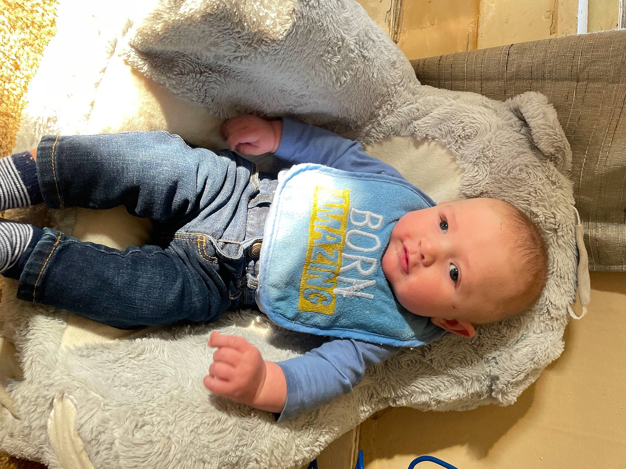 Brayden is registered to the contest to win money with this photo: baby, baby_toddler_clothing, child, comfort, couch, flooring, fur, grass, hat, head, human, human_body, linens, person, sitting, skin, sleeve, textile, toddler, wood