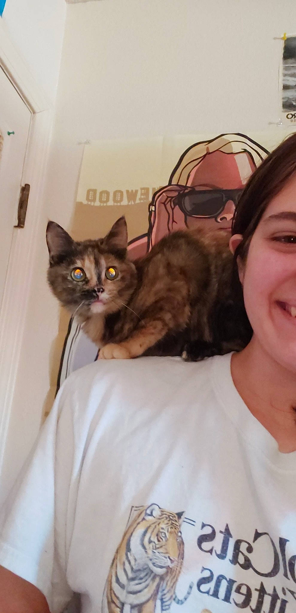 Ripley joined the competition — help win amazing prizes! carnivore, cat, comfort, domestic_short_haired_cat, ear, eye, eyelash, eyewear, fawn, felidae, fur, gesture, happy, mammal, selfie, small_to_medium_sized_cats, smile, t_shirt, vertebrate, whiskers