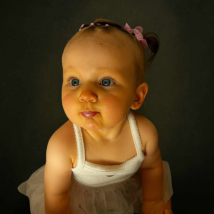 Lovana participe au concours pour gagner de l'argent avec cette photo : adorable, baby, barefoot, blue_eyes, child, chubby_cheeks, close_up, curious, cute, dark_background, infant, innocent, pink_hair_ties, portrait, pout, sitting, studio_lighting, tutu, white_tank_top, young_child