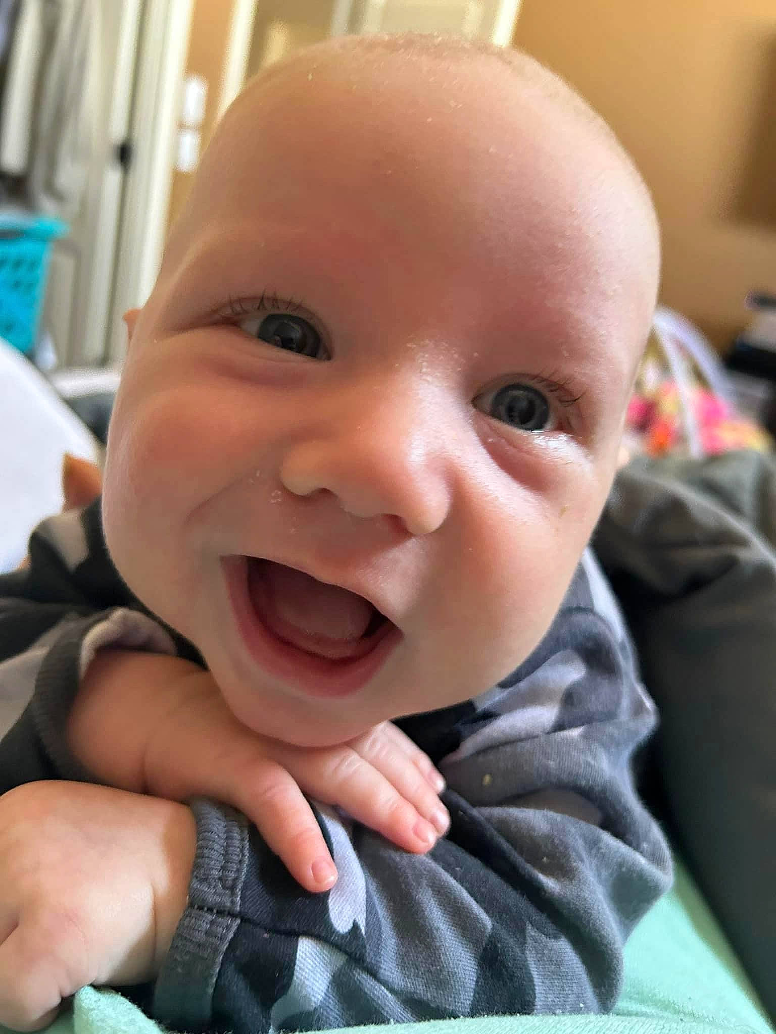 Knox is registered to the contest to win money with this photo: baby, baby_toddler_clothing, cheek, chin, ear, eye, eyebrow, eyelash, finger, gesture, happy, iris, lip, mouth, nose, person, skin, smile, thumb, toddler