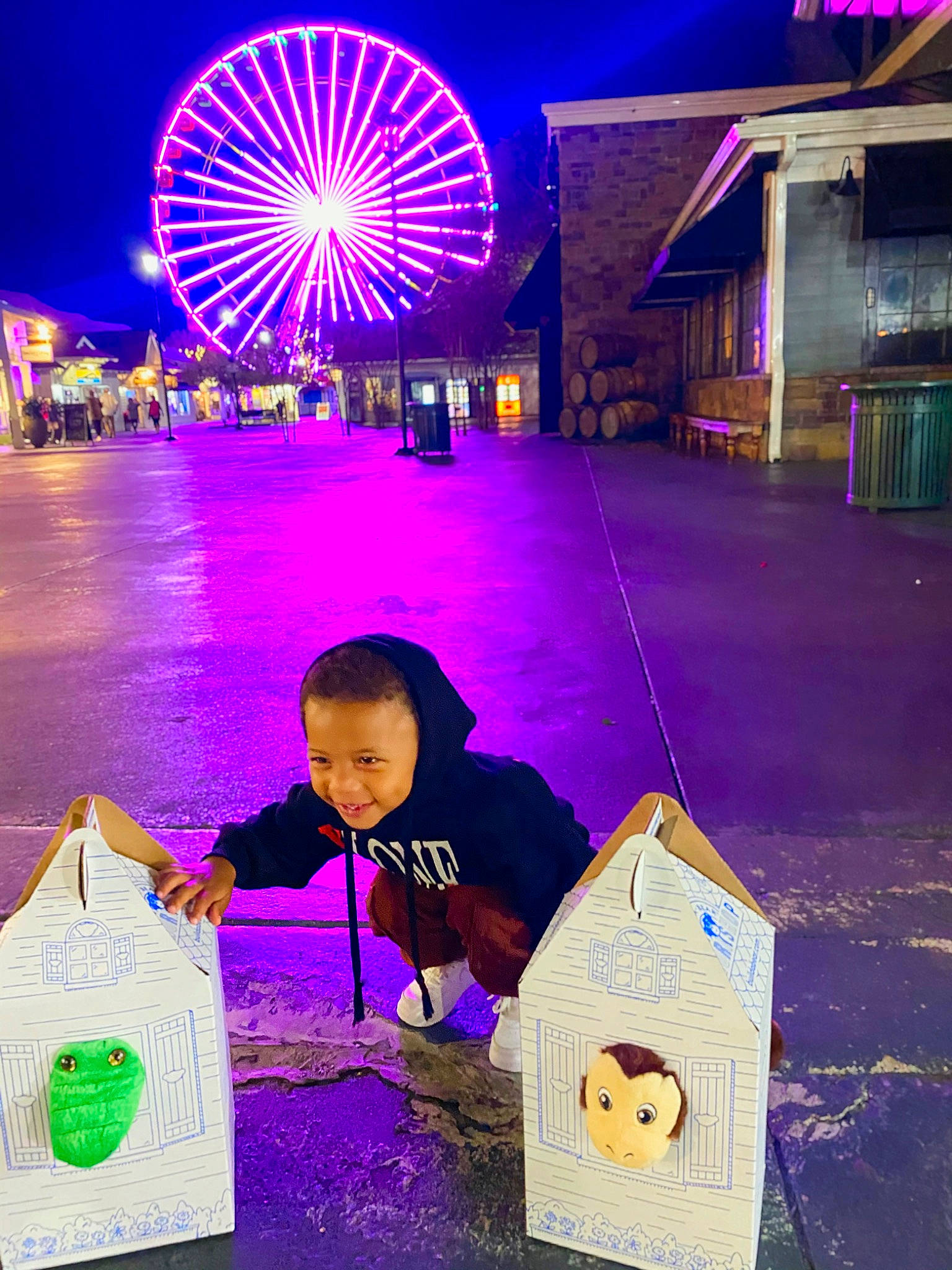 Kalen is registered to the contest to win money with this photo: architecture, games, joy, light, lighting, night, person, purple, recreation, tourist_attraction