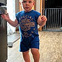 Benjamin joined the competition — help win amazing prizes! toddler, child, baby, indoor, floor, clothing, blue_outfit, barefoot, walking, face, hair, door, baby_gate, wood_floor, curtain, light, hand, expression, person, kitchen